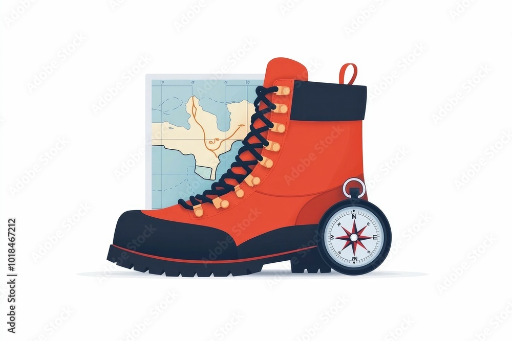 Poster this simple yet iconic features a hiking boot a map and a compass all grouped together and centered 