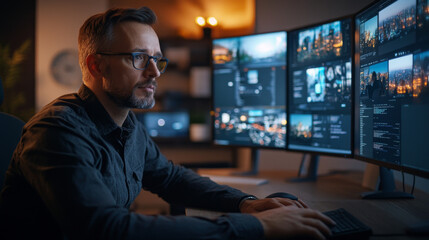 Fototapeta premium Focused man working late at night on multiple monitors.
