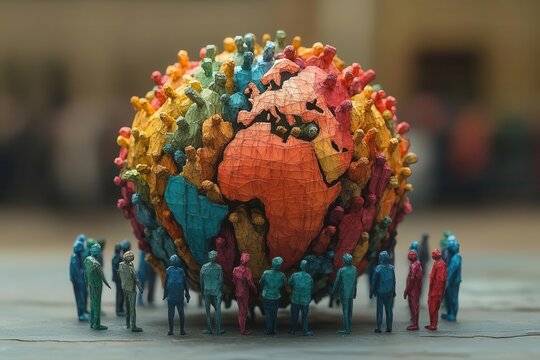 intricate origamistyle paper sculpture depicting a diverse crowd of miniature people arranged in a spherical formation to represent global unity and overpopulation