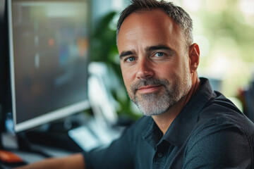 Obraz premium Smiling man looking at the camera in his home office.