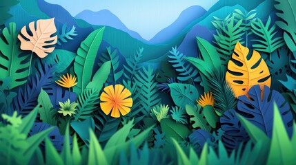 Tropical rainforest in a jungle setting at the base of a mountain showcasing lush greenery and diverse flora Lush tropical rainforest with diverse flora at the base of a mountain