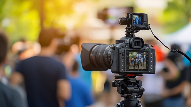 Professional camera on tripod capturing outdoor event, screen displays crowd scene. High-end equipment for videography at public gathering or festival.