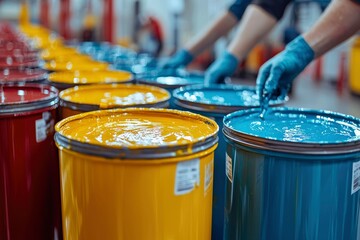 Obraz premium Close-up of Yellow and Blue Paint Cans in a Factory