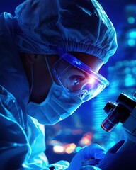 Biologist in a Sterile Lab Environment with Microscope