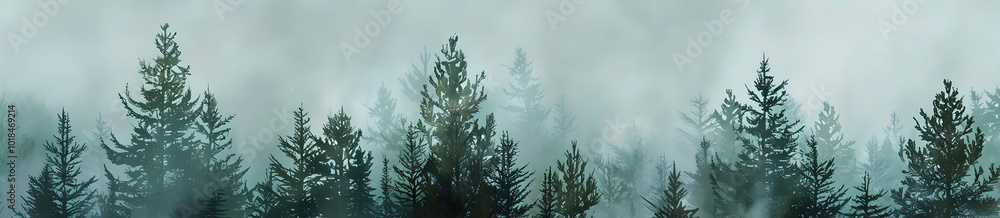 Poster a dense pine forest with mist rising from the trees, seen in a panoramic view. the trees have dark g