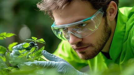 Biologist Collecting Samples in Lush Environment