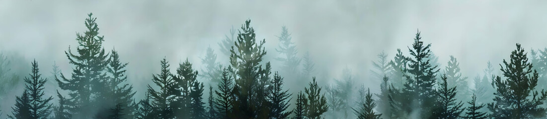 Obraz premium A dense pine forest with mist rising from the trees, seen in a panoramic view. The trees have dark green foliage and appear to be towering over one another