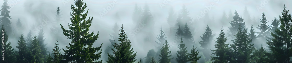 Poster a dense pine forest shrouded in mist, creating an ethereal and mysterious atmosphere. the trees stan
