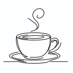 Elegant line art depicting a coffee cup on a plate with a swirl of steam