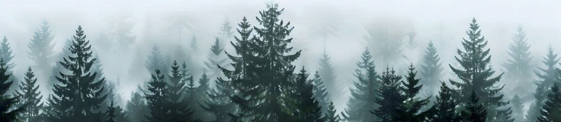 Obraz premium A misty forest of tall pine trees, foggy, photorealistic, ultra-detailed, white background, wide shot