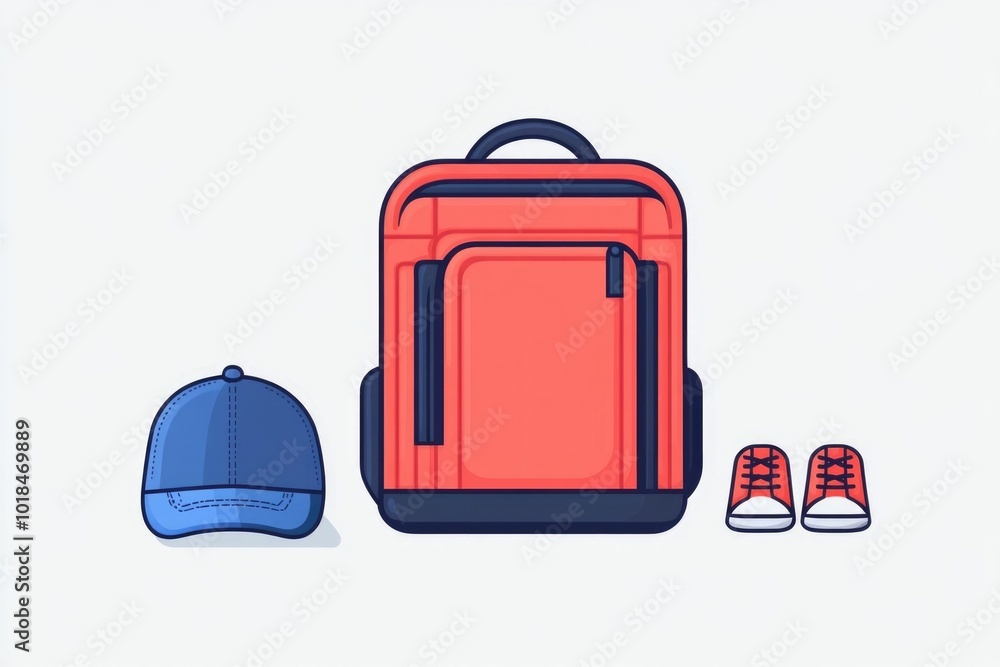 Poster minimalistic icon featuring a backpack sneakers and cap arranged in a simple clean design against a 