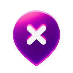 Obraz premium Purple delete map pin 3D render glass icon. Wrong place PNG symbol with transparent background