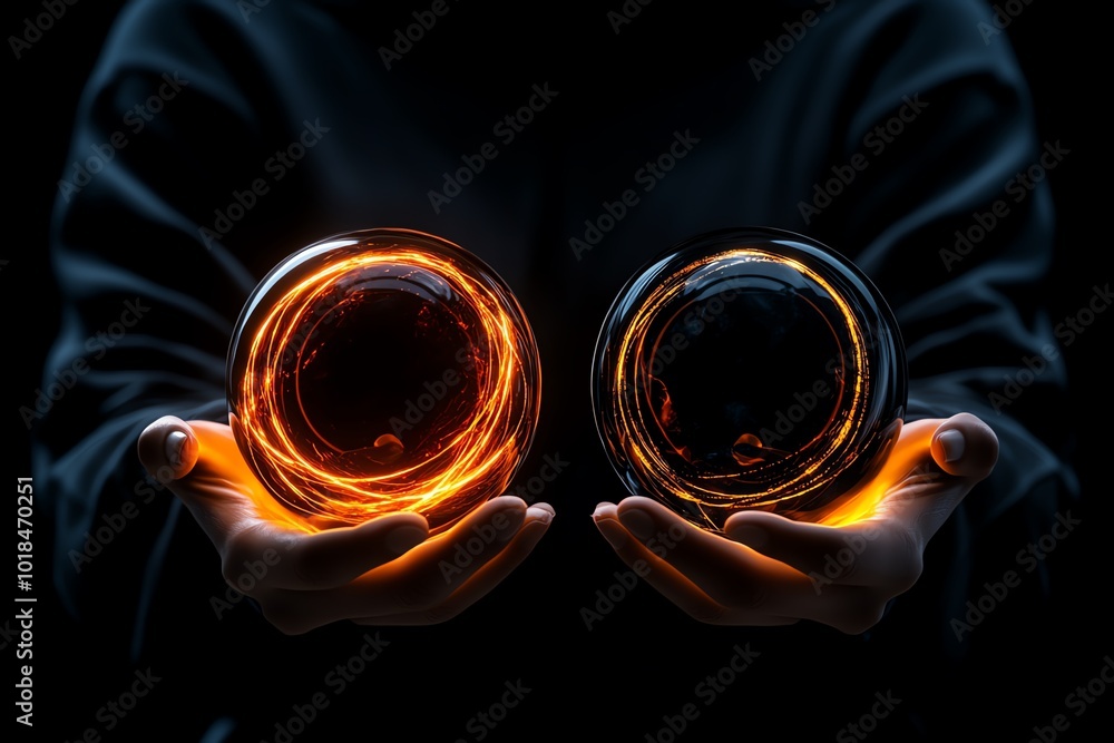 Poster 3d-rendered image of a person holding a light and a dark orb in their hands, symbolizing the contras