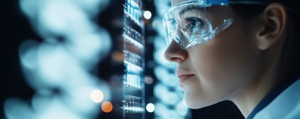 Fototapeta premium Entrepreneur assessing risks and opportunities of a scientific innovation close up, focus on, copy space detailed risk analysis, double exposure silhouette with experimental data