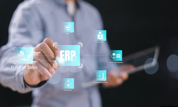 ERP software system for business sale and promotion planning concept. Enterprise accounting resource network solution. Business people use tablet with ERP data icon to analyze marketing technology