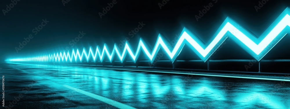 Poster cyan abstract chevron road sign, a series of glowing arrows aligned in a neat arrangement, creating 