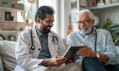 Happy geriatric young doctor and senior patient man discussing modern technology, healthcare, using digital tablet together, looking at display in practitioner office
