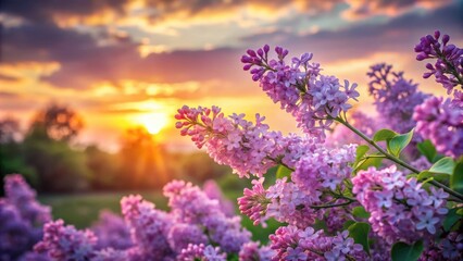 Fototapeta premium Lilac blossoms in full bloom against a backdrop of a vibrant sunset, creating a picturesque scene of springtime beauty and tranquility.