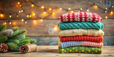 Naklejka premium A stack of cozy sweaters against a backdrop of warm, twinkling lights and a sprig of evergreen with pine cones, evoking a sense of winter warmth and festivity.