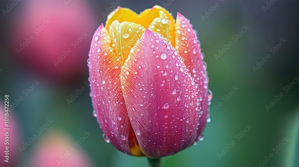 Poster close-up of a tulip with droplets of water on its petals, emphasizing the smooth surface and vivid c