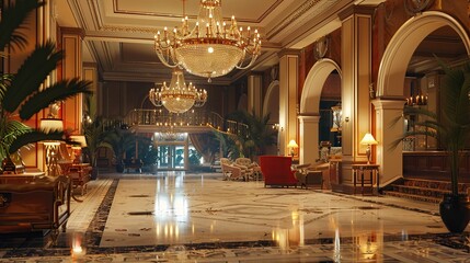 Obraz premium Hotel lobby with grand chandelier and sophisticated decor
