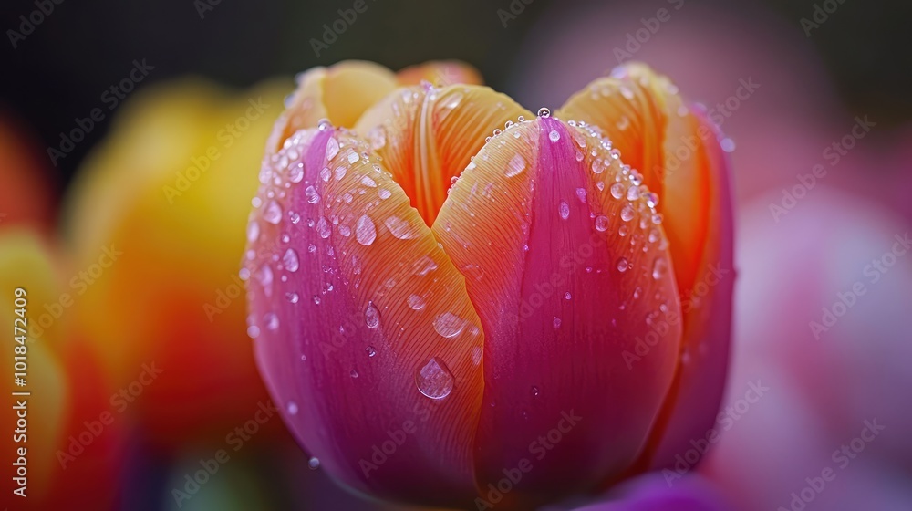 Poster close-up of a tulip with droplets of water on its petals, emphasizing the smooth surface and vivid c