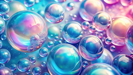 Naklejka premium abstract pastel pink and blue background with iridescent magical air bubbles, featuring glass balls and water drops , render