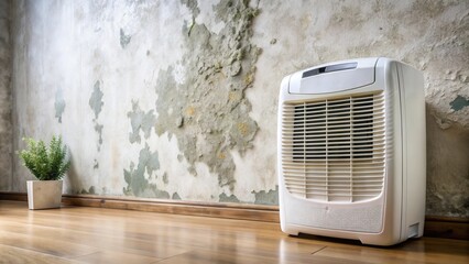 A portable air conditioner sits against a weathered wall with a potted plant in the foreground.