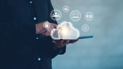 Networking and internet service concept. showing virtual screen with cloud computing diagram. Cloud technology. Data storage.
