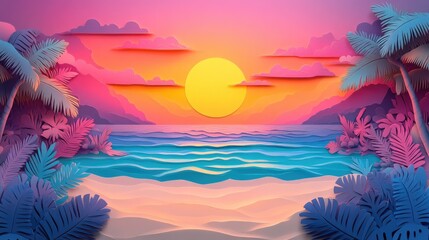 Vibrant sunrise over a serene beach with a canvas of colorful skies Vibrant sunrise over a tranquil beach with colorful skies