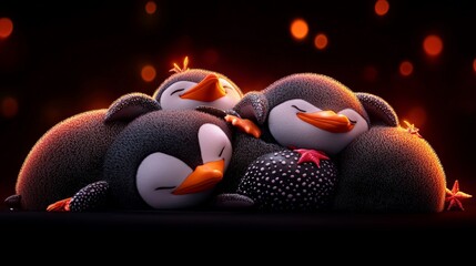 Sleeping Penguins: A heartwarming scene of adorable penguins cuddling together for a cozy night's sleep, bathed in soft warm light. The penguins are depicted in a 3D style with fluffy textures.