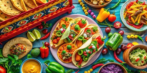 Fototapeta premium A bustling Mexican truck food setting serving mouthwatering tacos, hearty burritos, and vibrant ingredients, all prepared and ready to tantalize the taste buds.