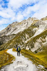 Fototapeta premium Zernez, Margunet, Aussichtspunkt, Piz dal Fuorn, Piz da Botsch, Val da Botsch, Wanderweg, Wanderer, Alpen, Herbst, Herbstfarben, Ofenpass, Nationalpark, Waldgrenze, Graubünden, Schweiz