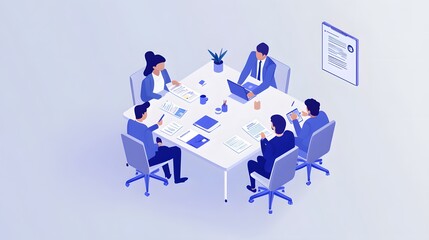 Flat vector illustration of a business team working together on a project, with charts and graphs laid out on the table