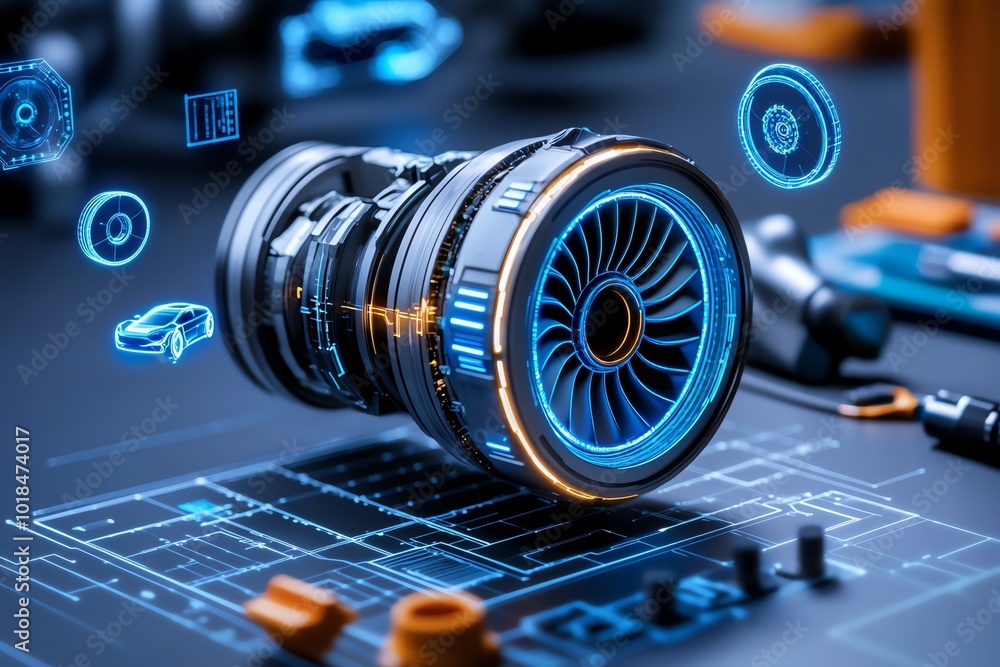 Poster 3D-rendered image of engineers reverse engineering a futuristic vehicle part, with digital tools and schematics floating around the workspace
