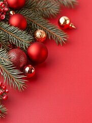 Obraz premium Christmas arrangement with red baubles and glittery decorations on a white background.