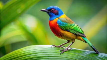 Obraz premium A colorful bird rests elegantly on a lush green leaf, surrounded by a tranquil, natural setting that showcases the beauty of natureâ€™s vibrancy and serenity.