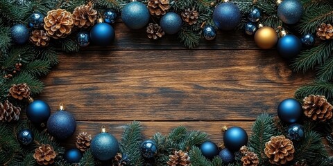 Festive Christmas Baubles Adorn a Rustic Wooden Surface with Evergreen Branches and Pine Cones