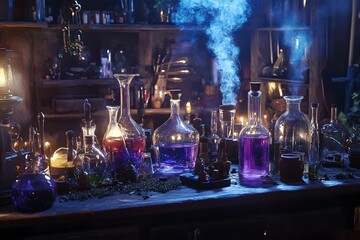 Mystical Alchemy Laboratory with Vintage Potion Bottles and Glassware