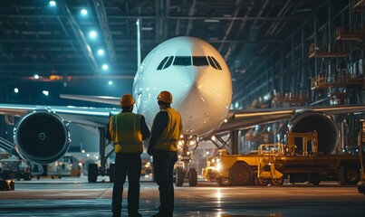 Two men in hard hats stand near a large airplane.