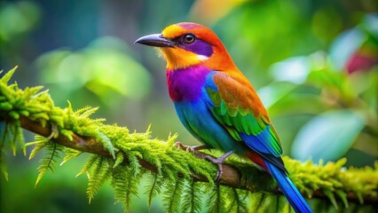 Fototapeta premium A colorful rainbow-beaked bird sits gracefully on a branch, surrounded by lush greenery, showcasing its natural habitat with vibrant tones and stunning beauty.