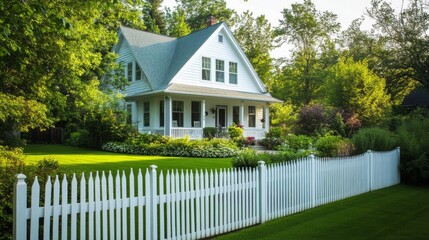 White picket fence in front of a white house with a porch