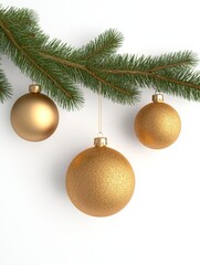 Christmas arrangement with gold baubles and snowy pine branches on a clean white background.