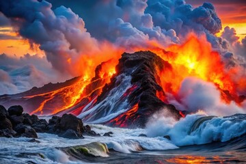 Fototapeta premium A powerful interaction of jet black and fiery red waves, creating a dramatic visual that mimics the raw energy and beauty of a volcanic eruption