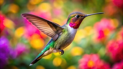 Fototapeta premium A dazzling hummingbird dances in mid-air, framed by a riot of colorful flowers in a garden, showcasing the beauty and tranquility of nature's setting.