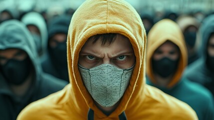 A young man wearing a yellow hoodie and a grey face mask stares intently at the camera, surrounded by others in a crowd wearing black masks.