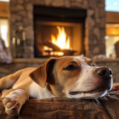 Dog relaxing near burning fireplace with a blanket enjoying a cozy autumn evening