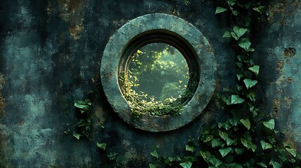 Overgrown Stone Wall With Round Window