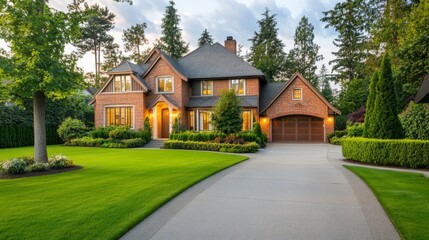 Brick House with Garage and Lush Green Lawn