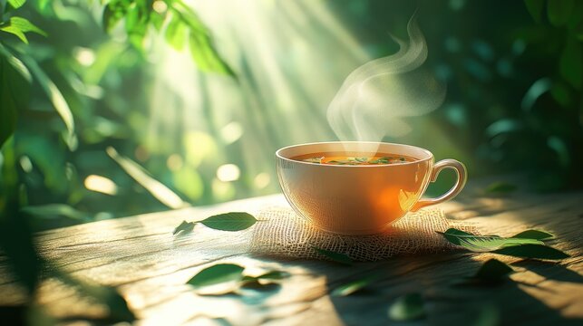 A white tea cup filled with steaming green tea adorned with burlap and tea leaves sits on a weathered wooden table illuminated by sunlight filtering through blurred greenery